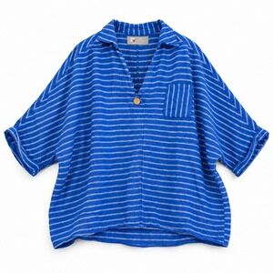 Tina Stephens Womens OS Cobalt Striped Linen Lagenlook Oversized Art To Wear Top
